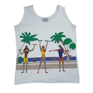 Vintage Fiorelle Beach Workout Graphic Tank Top 90s Surf Style White M